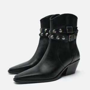 NWT $149 ZARA Genuine Leather Strap Cowboy Ankle Boots, US 6.5/ EU 37